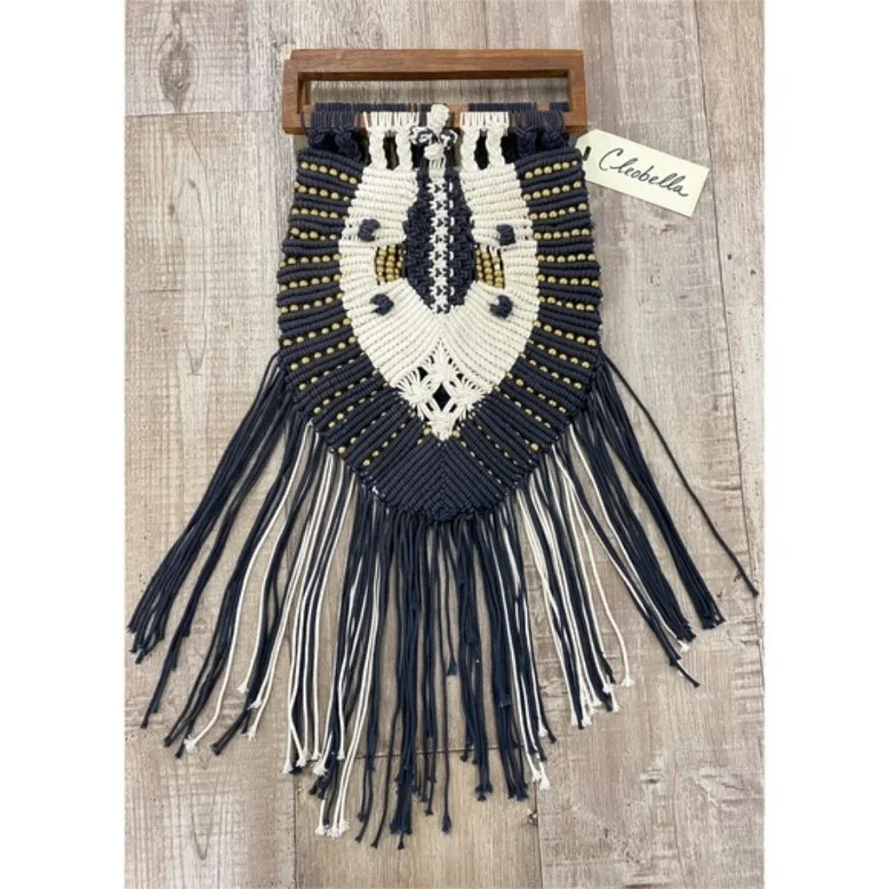 CLEOBELLA🌺Seville Boho Fringe Retro Macrame Beaded Clutch Black & White - Picture 1 of 12